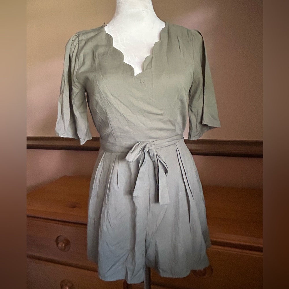 Olive Knit Romper with Scallop Neckline